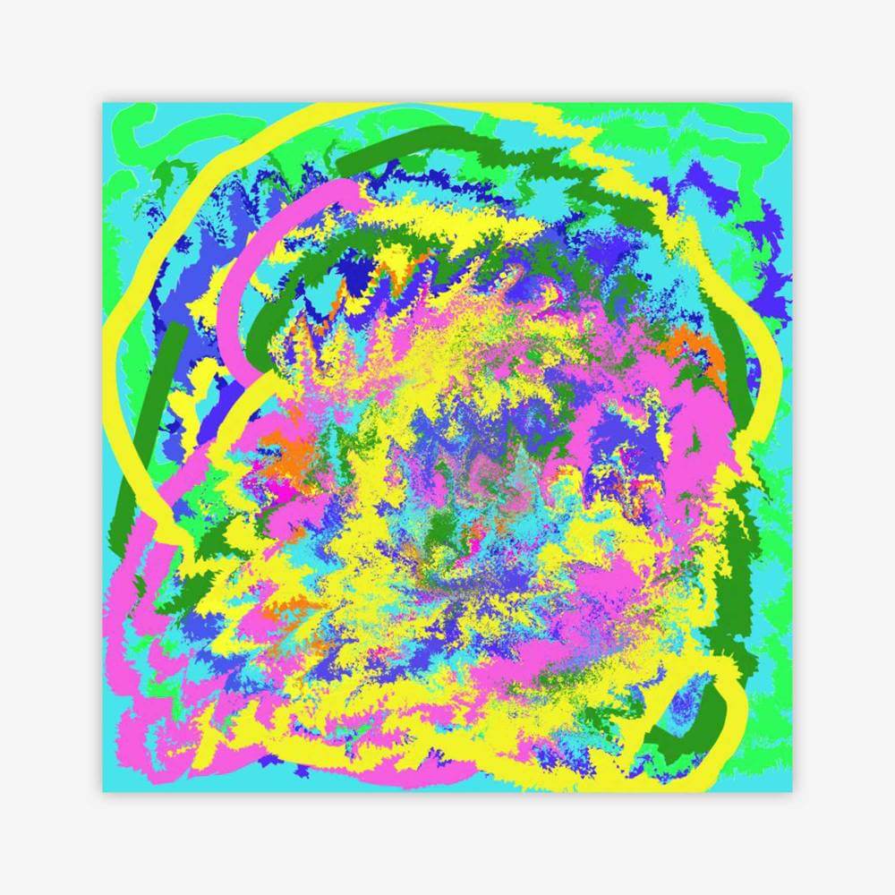 Abstract painting by artist Cheryl Chapin titled "Spring Bloom" featuring a colorful design in shades of green, yellow, purple, pink, blue, and orange.