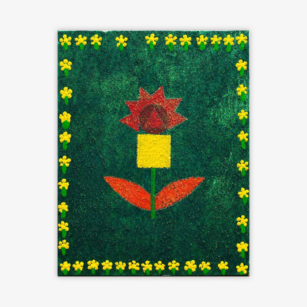 Painting by artist Jessica Evans titled "Spring Time Once a Year" featuring large, central flower in shades of red, yellow, orange, and green against a blue-green textured background with small yellow and green flower border design.