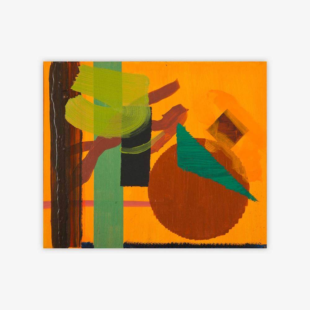 Abstract painting by artist Mike Young titled "Steam Roller" with geometric shapes in shades of green, mauve, black and sienna on a bright orange background.