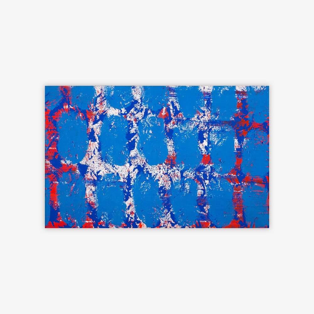 Painting by artist Thomas Christian titled "The Unifying Crosses" with repeated cross shapes in blue, white, and red against a lighter blue background.