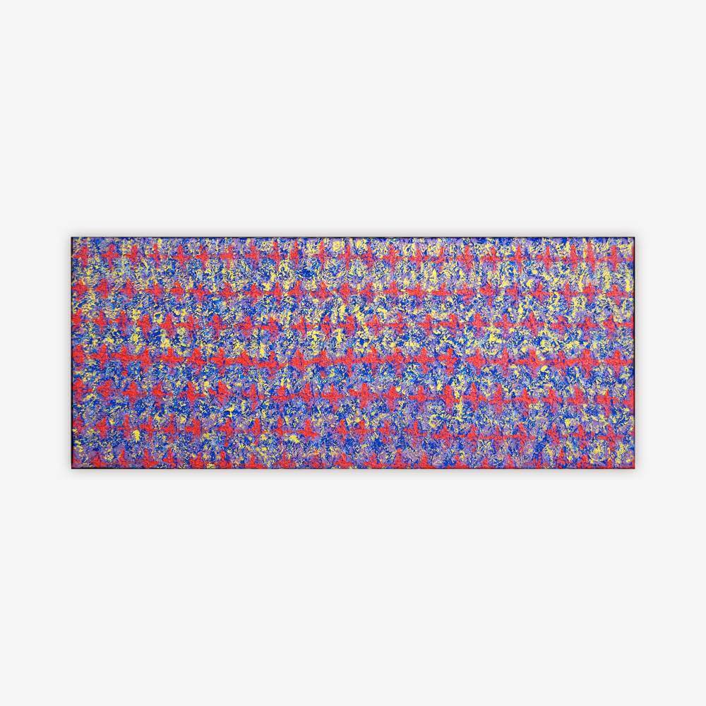 Abstract painting by artist Thomas Christian titled "The Colors of Life" with all-over pattern in shades of red, blue, and yellow.