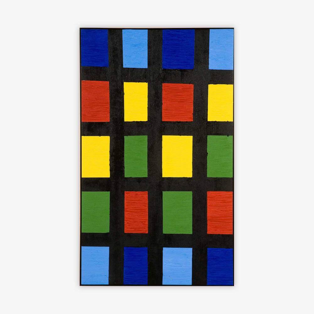 Abstract painting by artist Alex Stojko titled "The Quilt of Many Colors" with blue, orange, yellow, and green geometric shapes in a grid pattern. outlined in black.