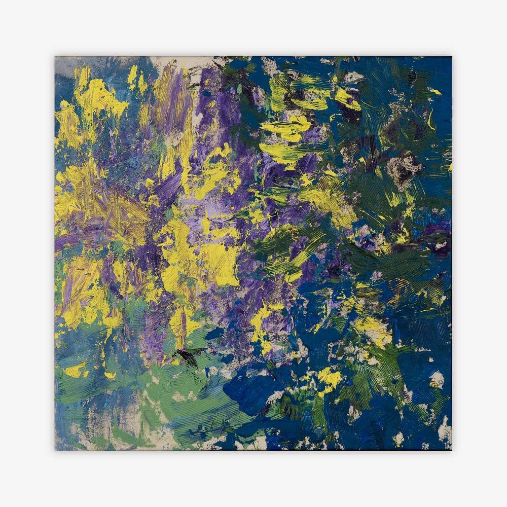 Abstract painting by artist Cheryl Chapin titled "The Reflecting Pool" featuring all-over yellow, purple, green, and blue pattern with light grey and black touches.