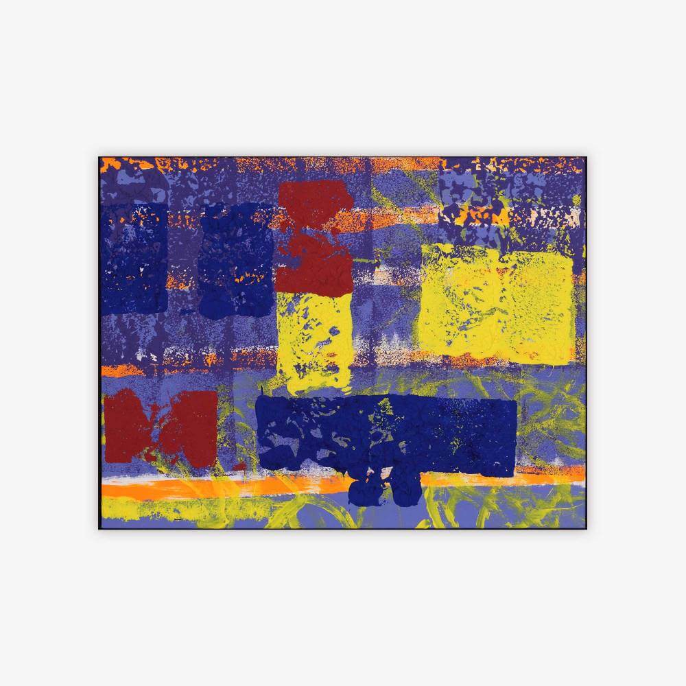 Abstract painting by artist Thomas Christian titled "The Squares of Life" with geometric shapes and pattern in shades of blue, yellow, orange, brown, and white.