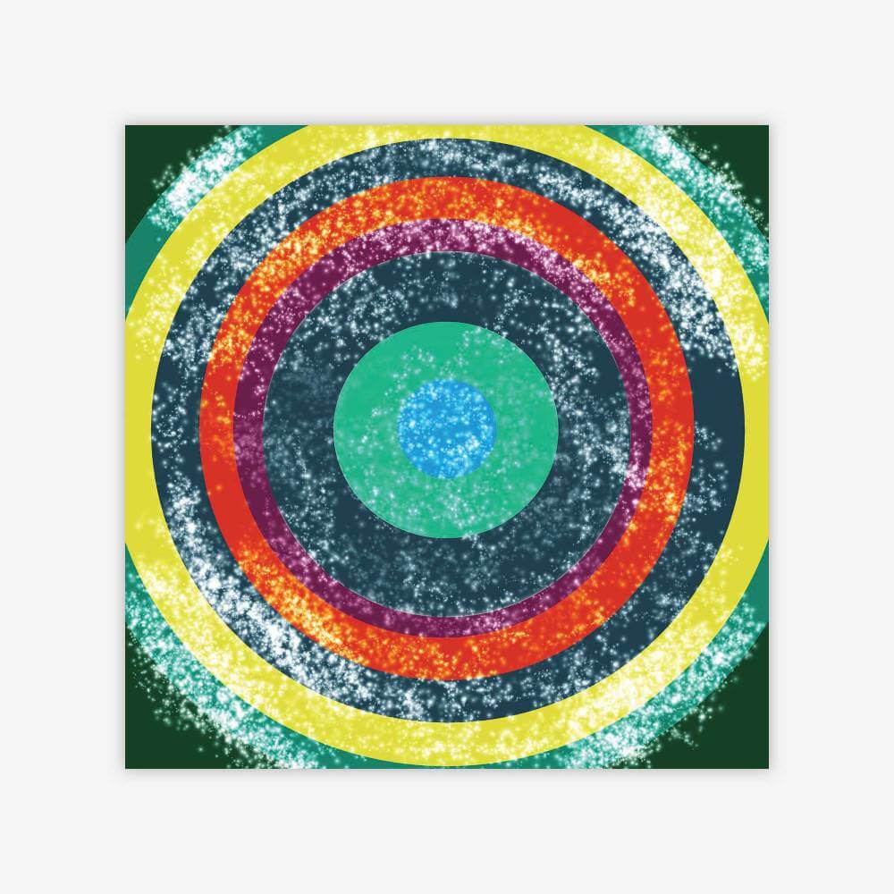 Abstract painting by artist Isabell Villacis titled "The Tie Dye Painting" featuring pattern of concentric circles in shades of green, yellow, orange, purple, and white.