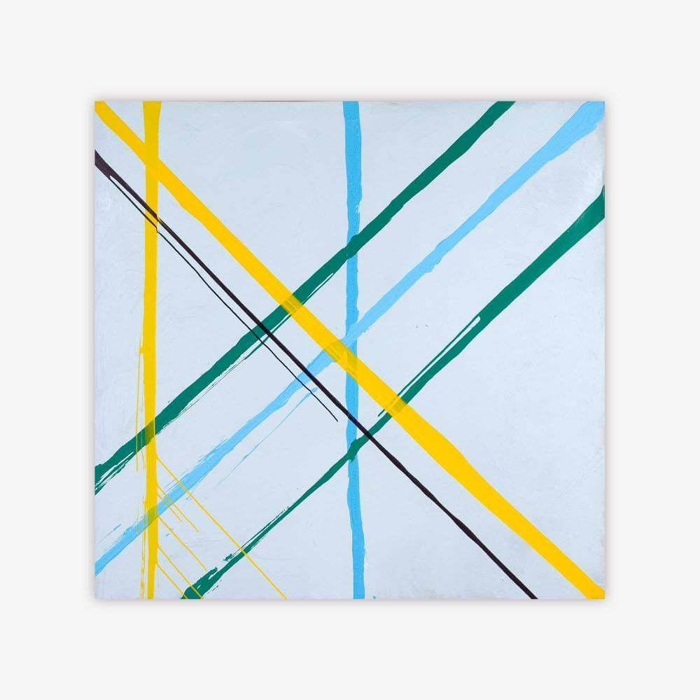 Abstract painting by artist Todd Dupre with colorful intersecting lines in shades of blue, yellow, and green on a light blue background.