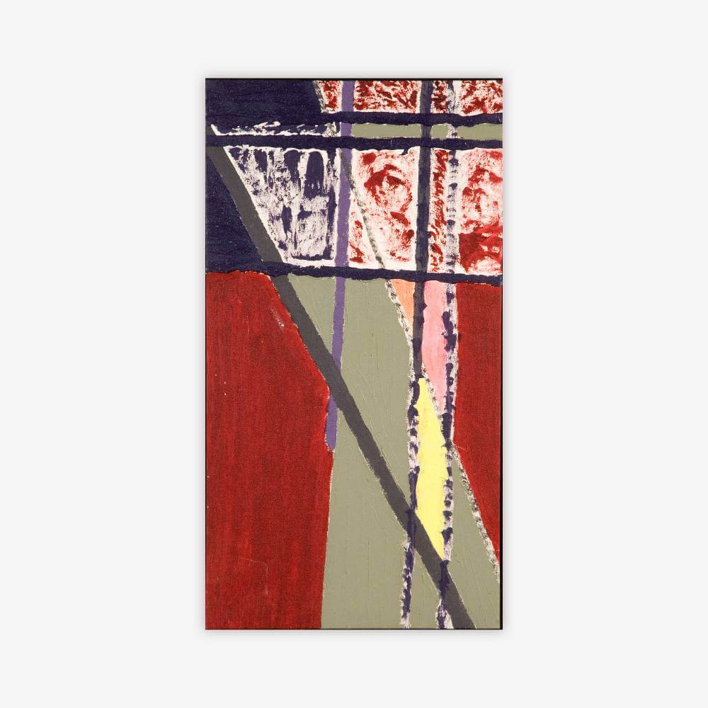 Abstract painting by artist Rasheedah Mahali titled "Train" featuring geometric shapes and patterns in shades of red, grey, blue, yellow, and white.
