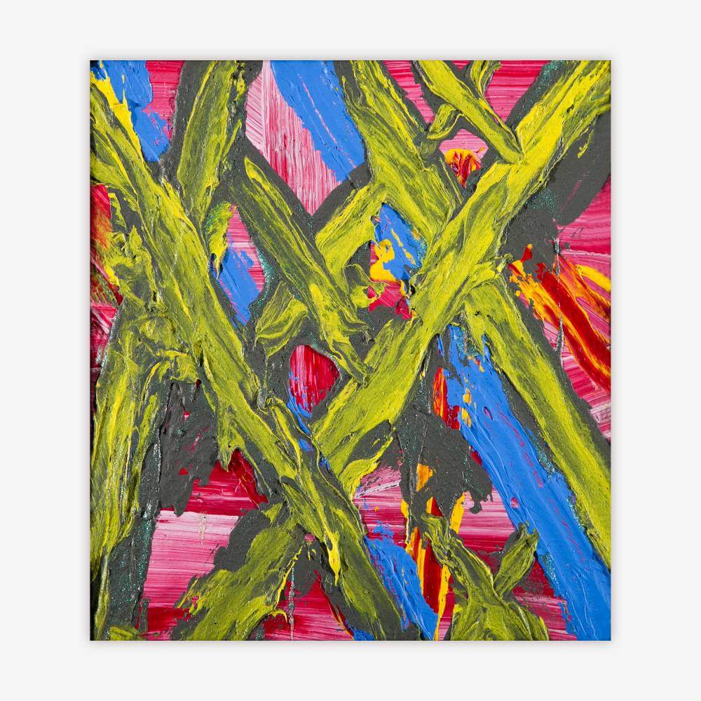 Painting by artist Jessica Evans titled "Trapped and You Can't Get Out" with bold and colorful criss cross design in shades of green, pink, red, blue, black, and yellow.