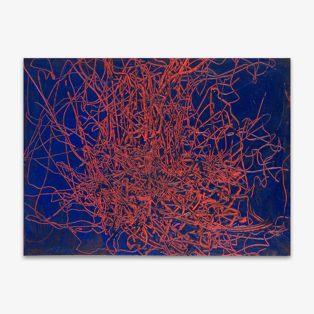 Abstract painting by artist Eric Corbin titled "Tree Talking to the Sky" with orange linear design on a darker blue background.