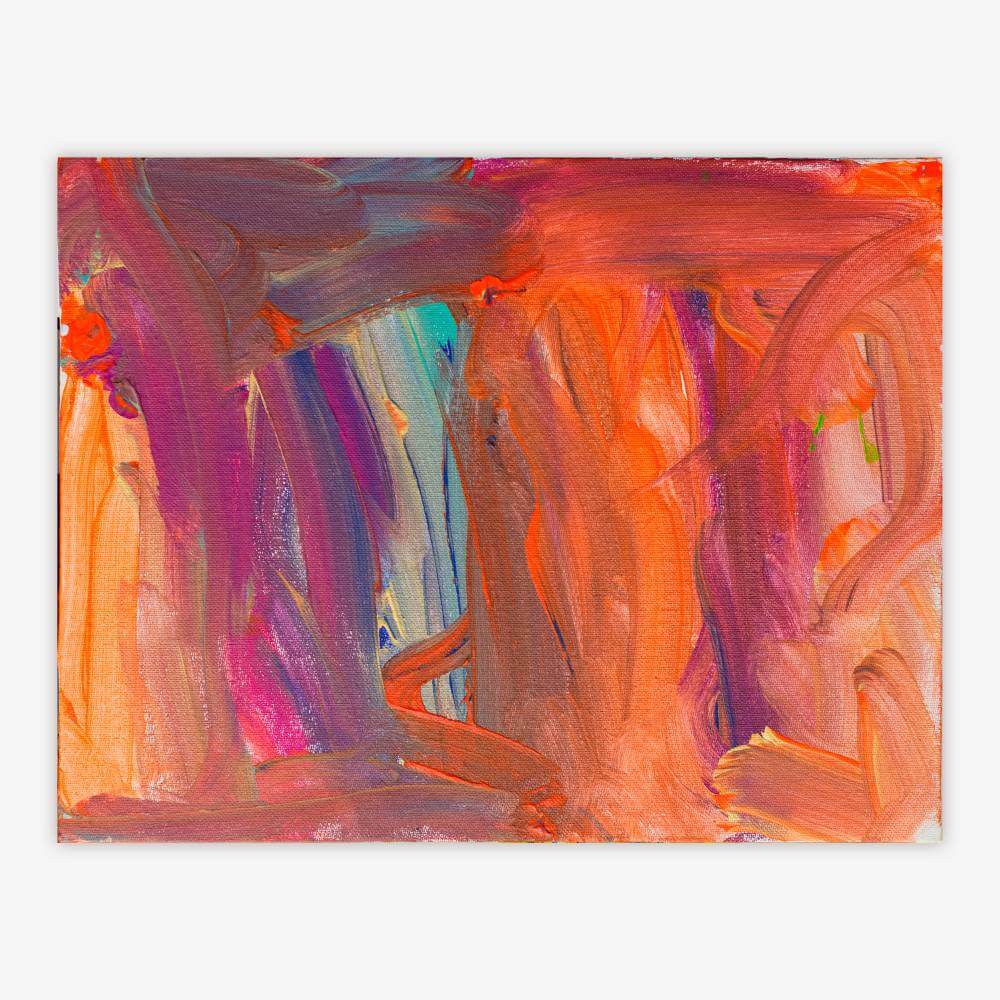 Abstract painting by artist Juanita Warren titled "Truck" featuring purple, orange, and blue brush stroke design on a light background.