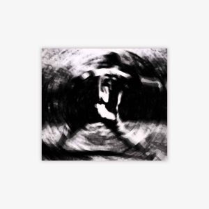 "Untitled" painting by artist Chet Cheesman with subtle image of baseball player within blurred sphere in monochromatic black and white color palette.