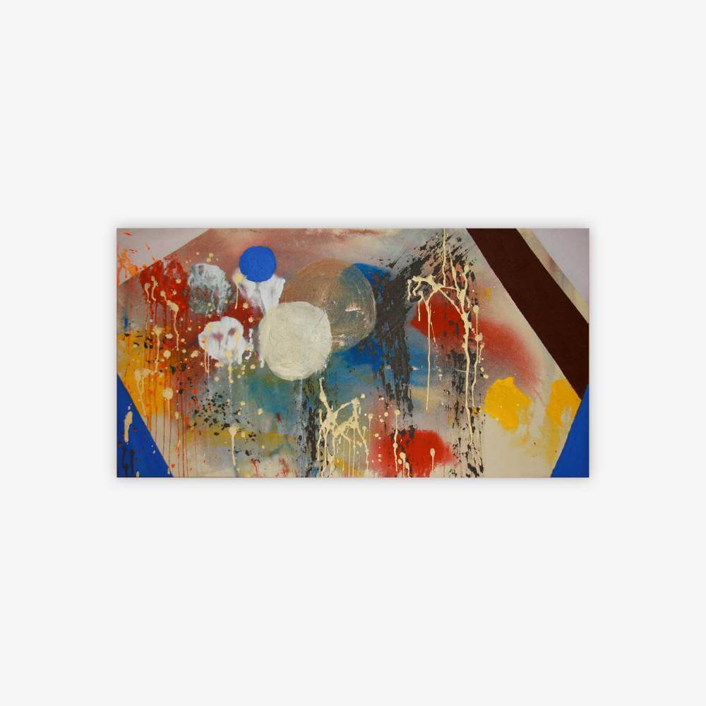 Abstract "Untitled" painting by artist Chet Cheesman with variety of shapes and shading in shades of white, red, yellow, black, and blue with splatter paint accents.