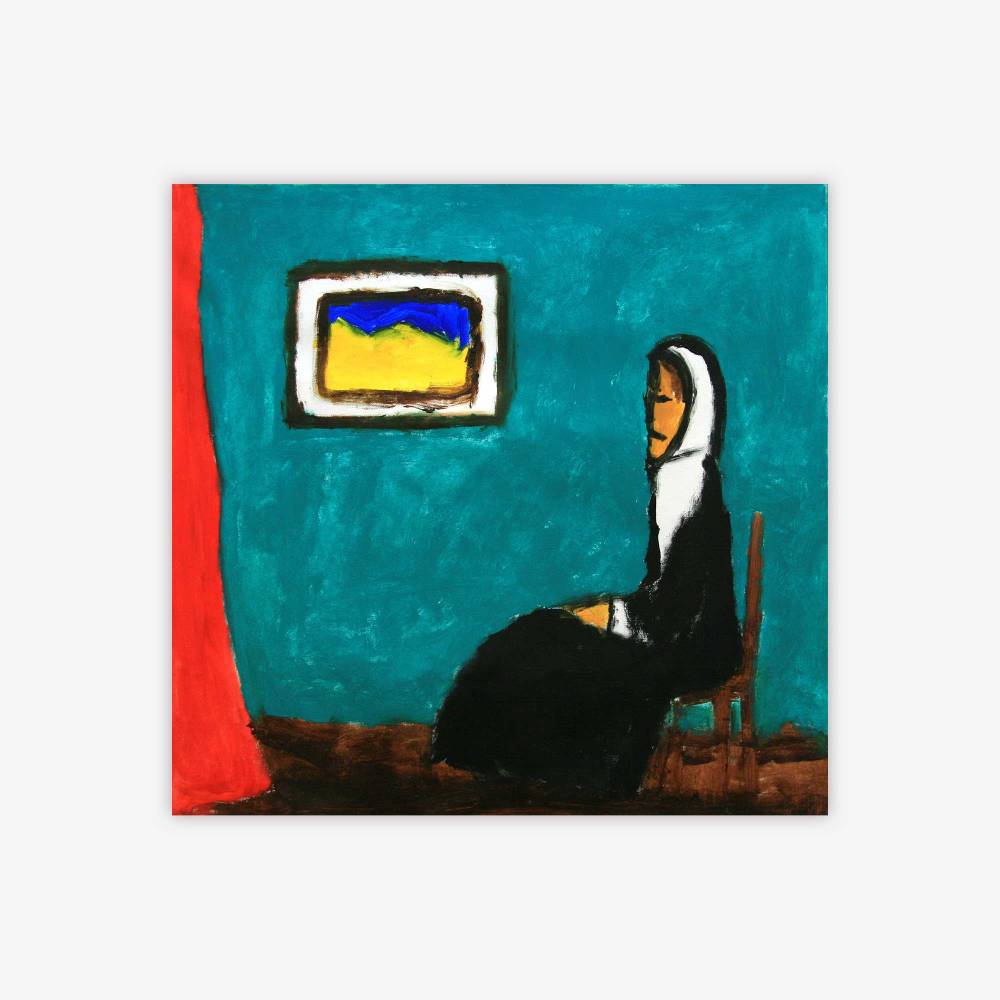 "Untitled" painting by artist Christopher Palmer featuring seated figure dressed in black and white by a blue wall with hanging picture and red drape.