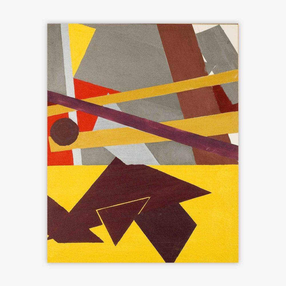 Abstract "Untitled" painting by artist Cynthia Shanks with variety of geometric shapes in shades of purple, grey, orange, and yellow.