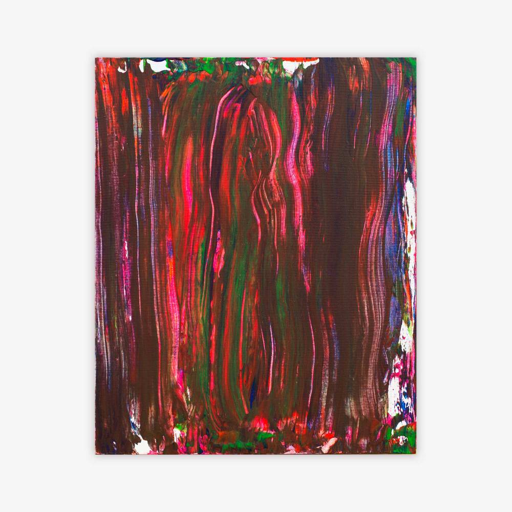 Abstract "Untitled" painting by artist Dani Urso-King featuring vertical striated pattern in pink, green, red, blue, and purple with white accents.