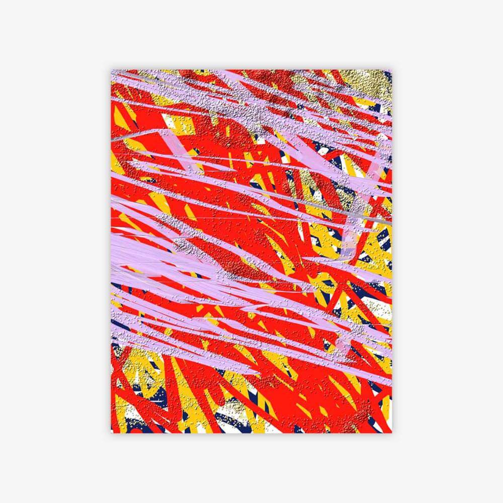 Abstract "Untitled" painting by artist Donald McCready with a red, yellow, blue, and pink composition.
