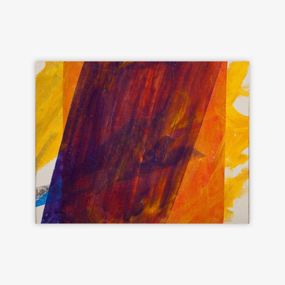 "Untitled" abstract painting by artist Faith Stolz featuring layered shapes and pattern with yellow, orange, and purple color palette.