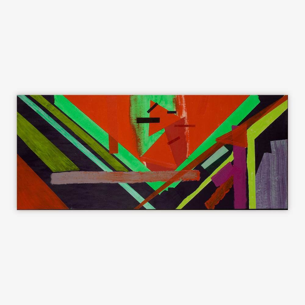 "Untitled" abstract painting by artist Gerald Taveres with colorful geometric shapes placed horizontally, converging in the middle of the painting.