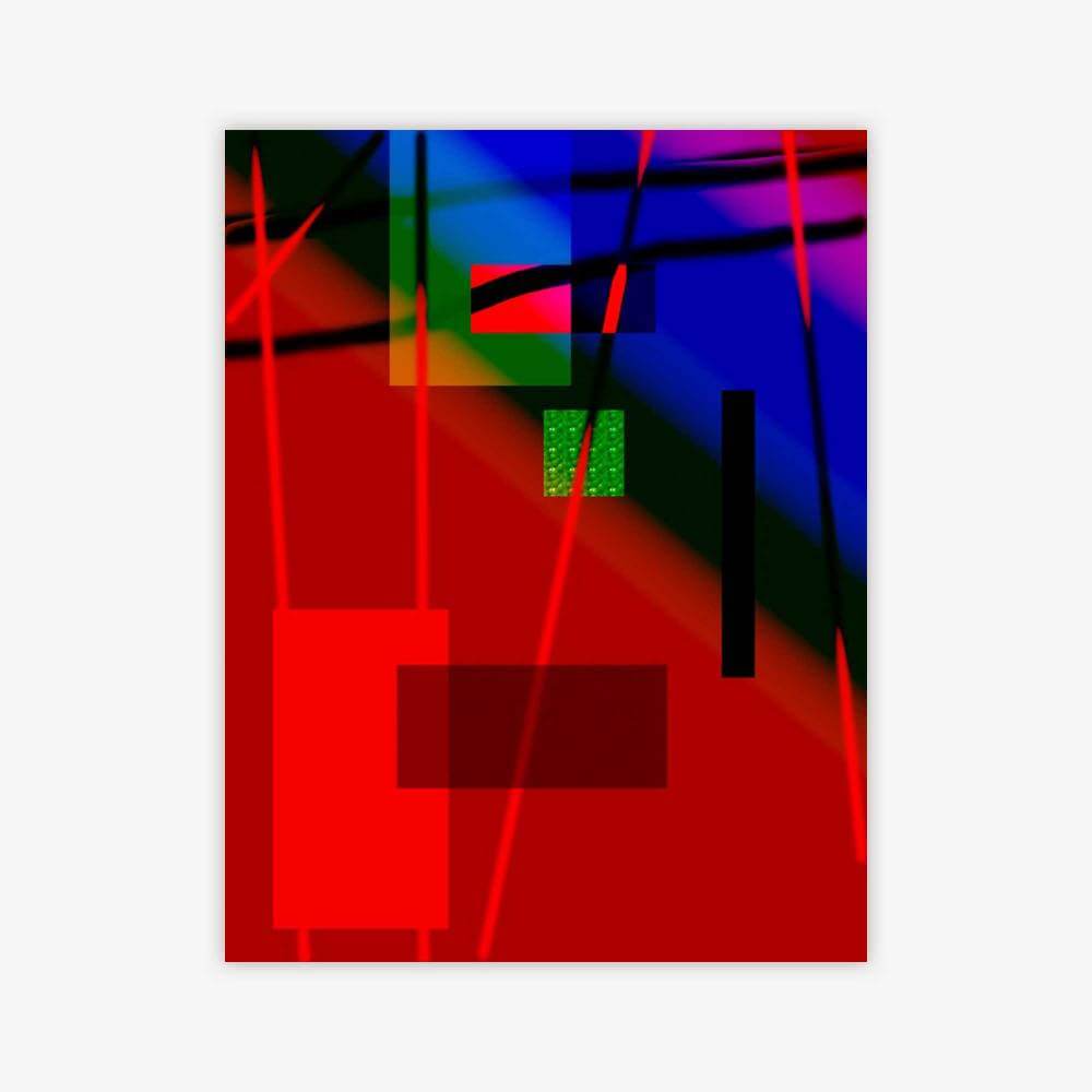 Abstract "Untitled" painting by artist Hassan Daughety with a geometric design in shades of red, green, blue, purple and black.