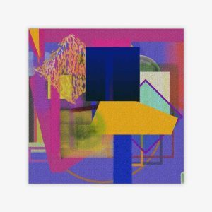 Abstract "Untitled" painting by artist Hassan Daughety featuring colorful composition with geometric shapes in shades of purple, red, yellow, blue, and green.