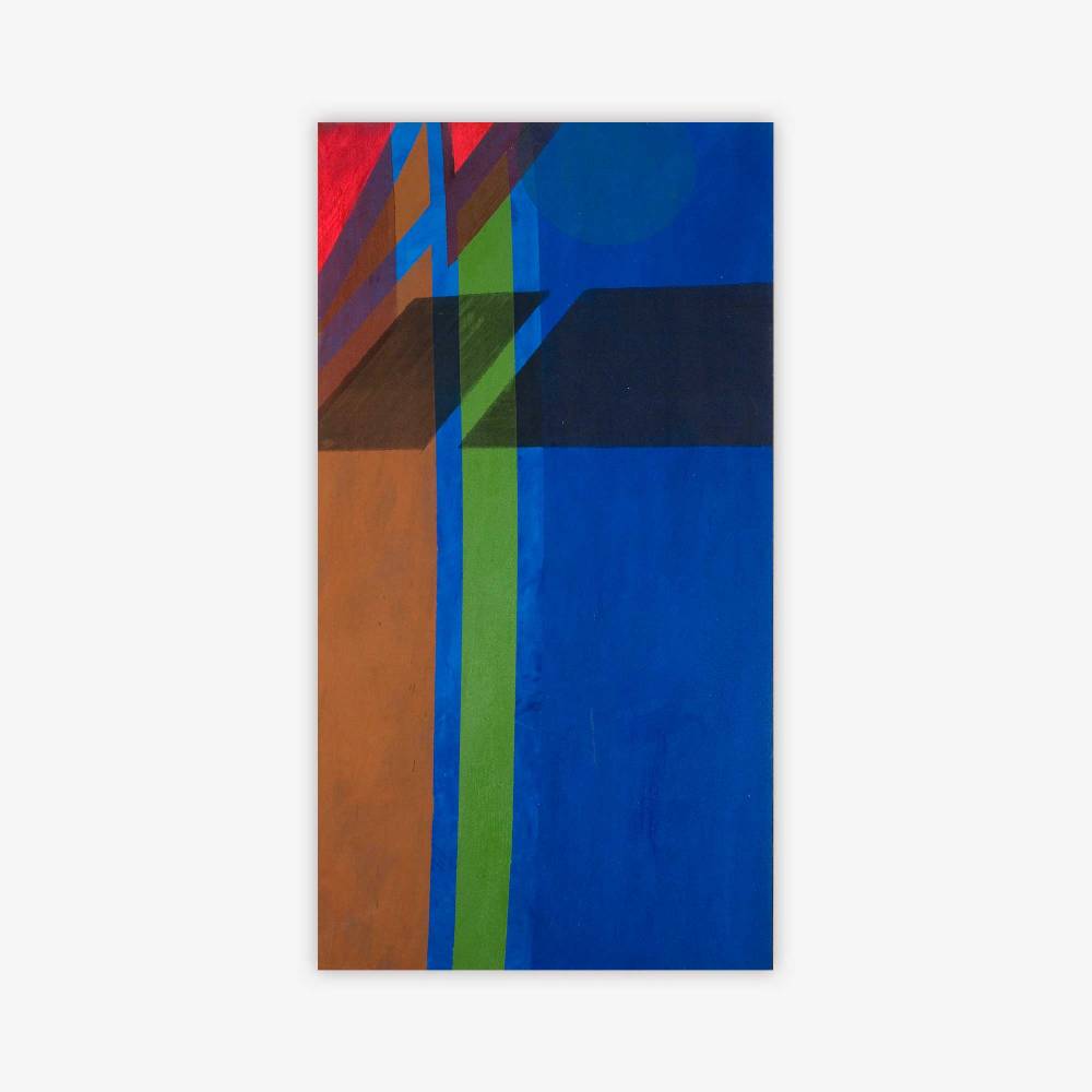 "Untitled" abstract painting by artist James Lane with layered geometric shapes in shades of blue, green, red, purple, brown, and black.