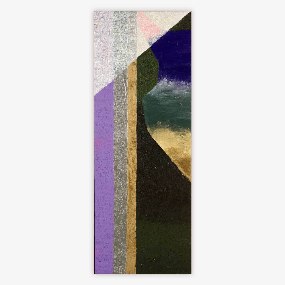 "Untitled" painting by artist James Lane with shapes and pattern in shades of purple, pink, blue, black, white, and brown.