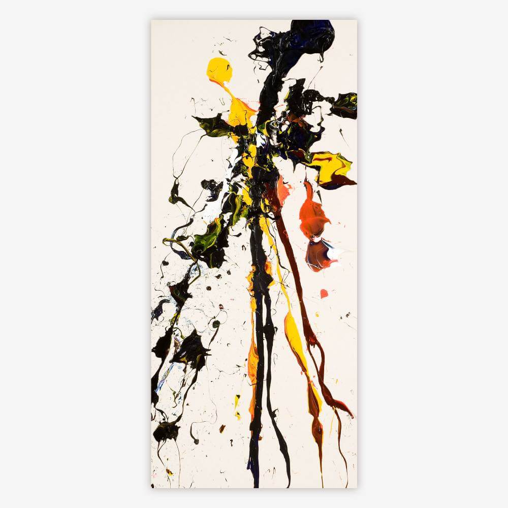 "Untitled" painting by artist Jason Christie with splatter and drip paint design in shades of yellow, black, and orange on a white background.