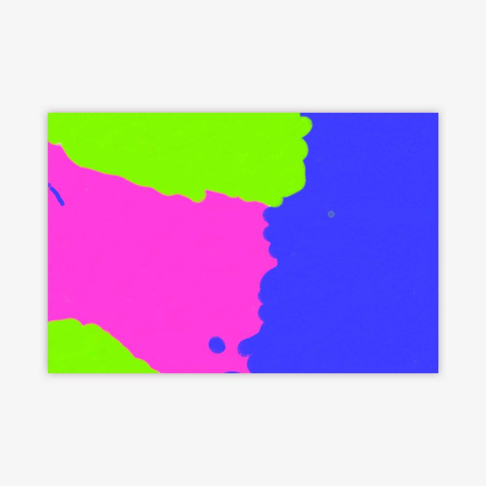 "Untitled" abstract painting by artist Juanita Warren featuring bright pink, blue, and green shapes.