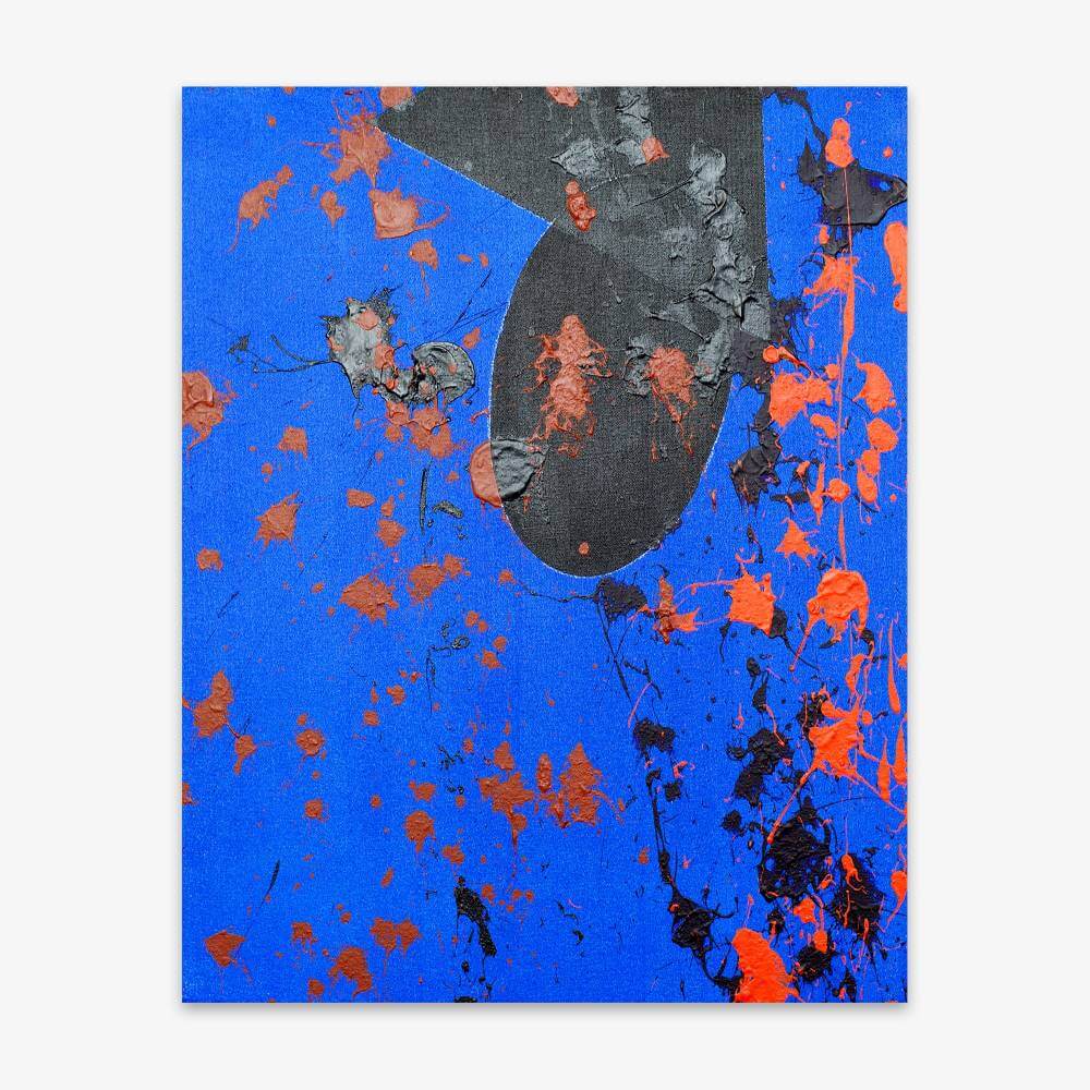 "Untitled" abstract painting by artist Karen Frascella with shapes and splatter paint in shades of red and black on a blue background.