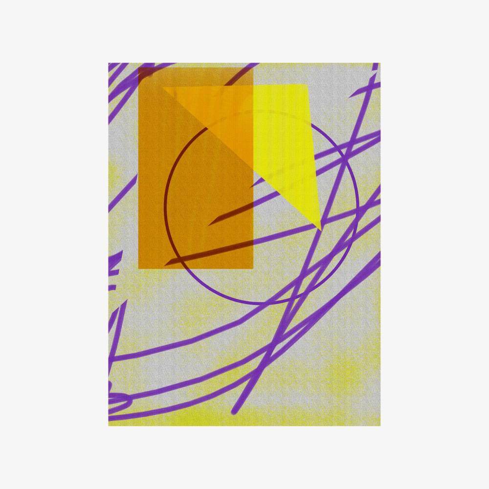 Abstract "Untitled" painting by artist Karen Frascella featuring purple, yellow, and gold shapes on a light background.