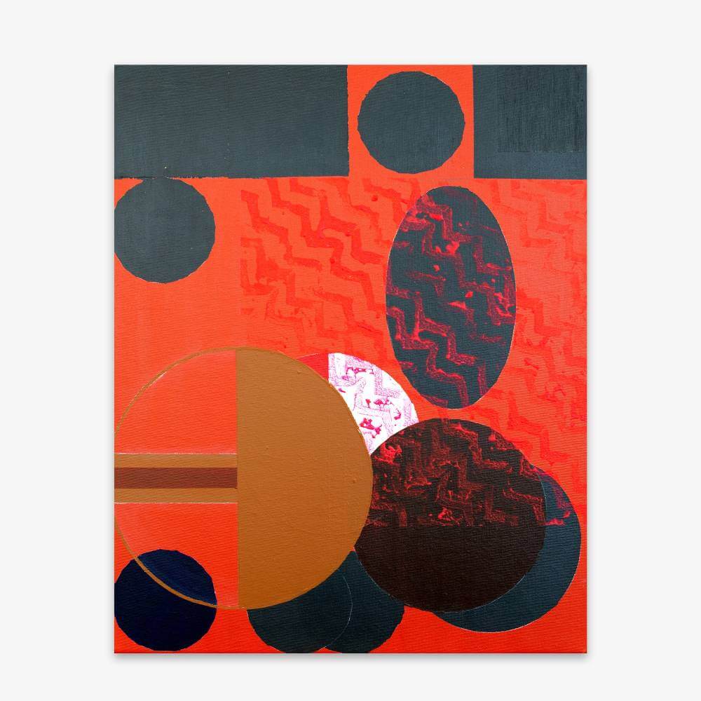 "Untitled" abstract painting by artist Karen Frascella with geometric shapes and pattern in shades of blue, tan, white and black on an orange background.