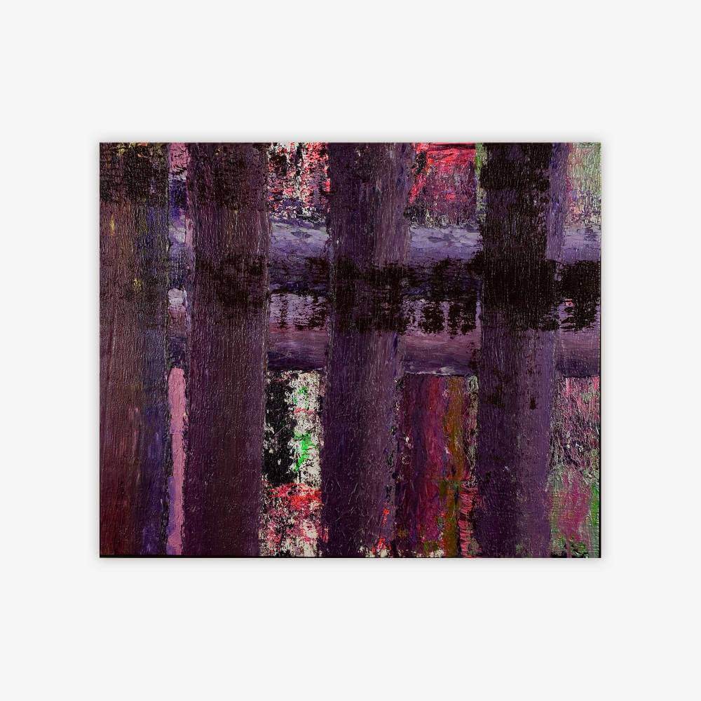 "Untitled" painting by artist Kevin White with vertical and horizontal patterns in shades of purple, black, red, green, and white.