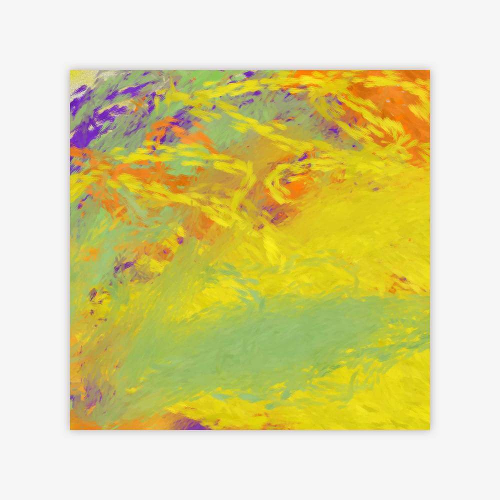 Abstract "Untitled" painting by artist Lauren Nelson in shades of yellow, orange, green, and purple.