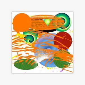 "Untitled" abstract painting by artist Luis Carmona with spherical shapes and pattern in shades of orange, green, blue, and red against a white background.