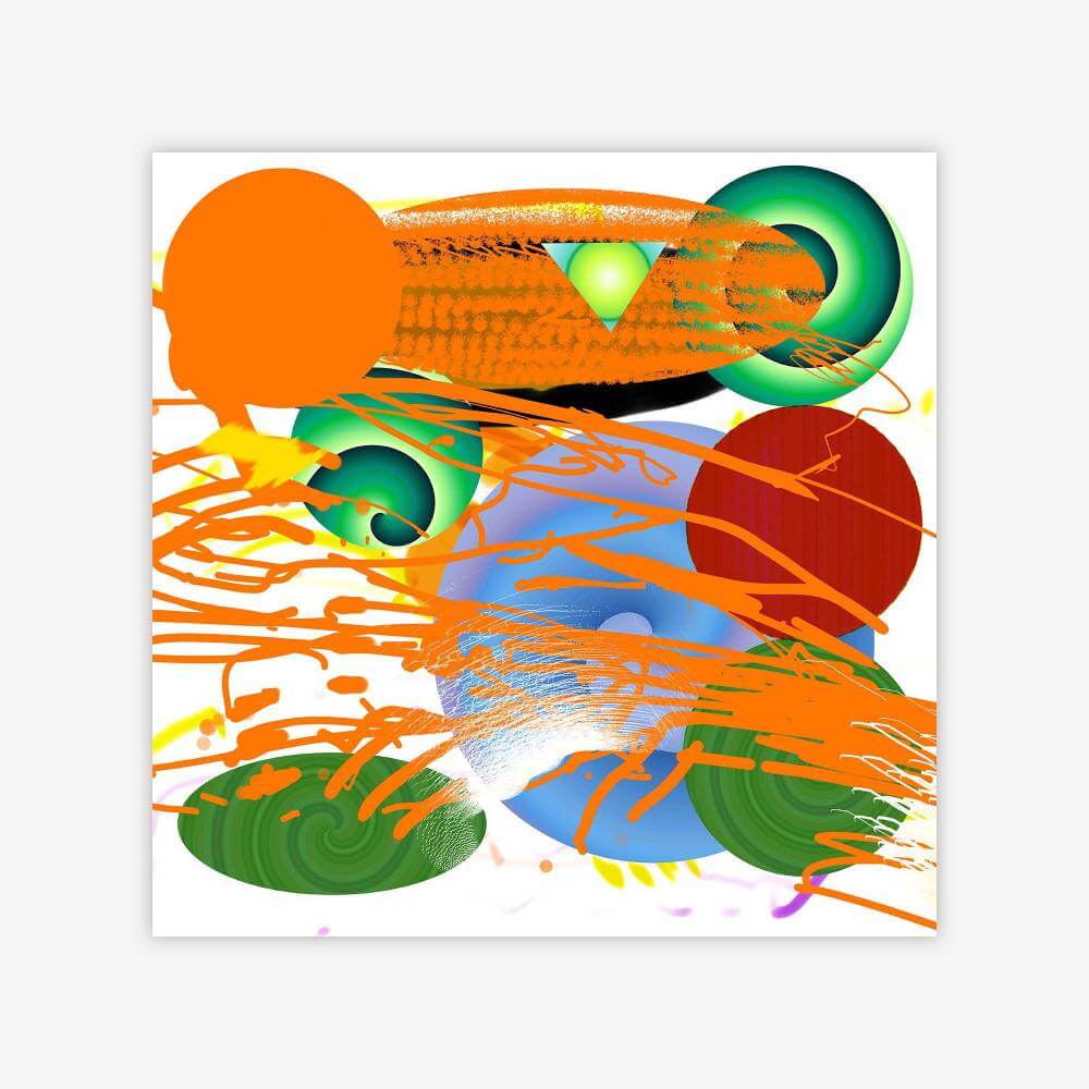 "Untitled" abstract painting by artist Luis Carmona with spherical shapes and pattern in shades of orange, green, blue, and red against a white background.