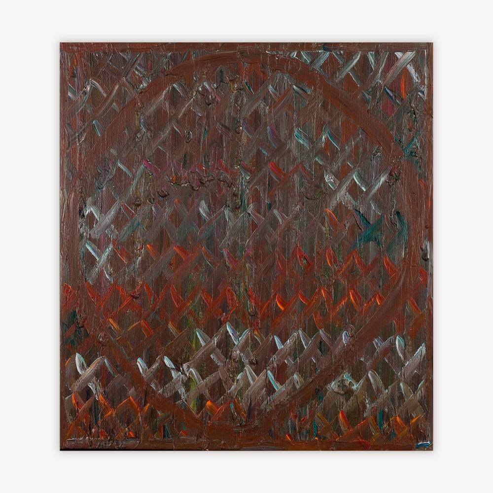 "Untitled" abstract painting by artist Lyndsay Fuller with all-over criss cross pattern in shades of burnt sienna, orange, and blue.