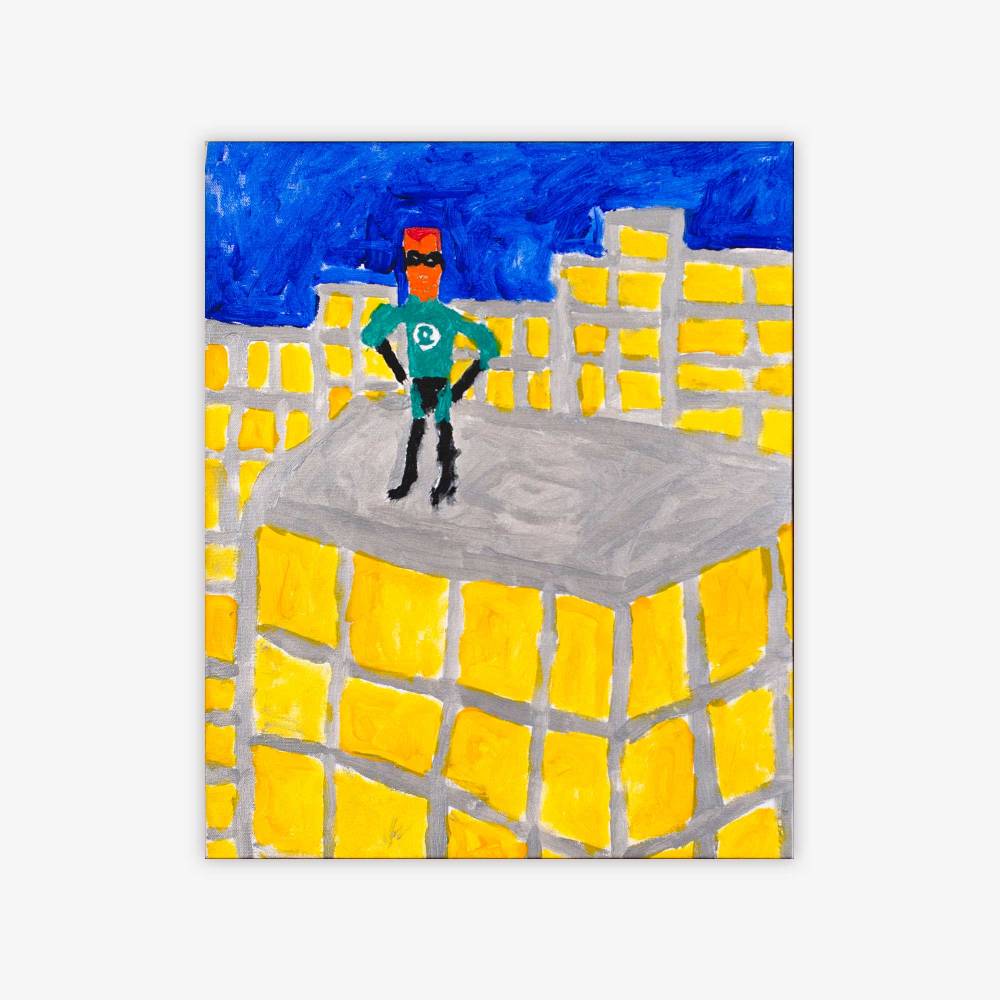 "Untitled" painting by artist Christopher Palmer with superhero figure atop yellow and grey building with blue sky background.