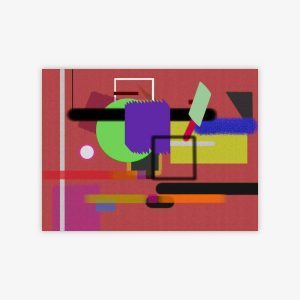 Abstract "Untitled" painting by artist Mike Martin featuring geometric shapes in shades of blue, purple, orange, green, yellow, white, and black on a red background.