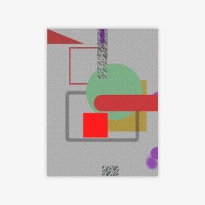 "Untitled" abstract painting by artist Mike Martin with colorful geometric shapes against a grey, patterned background.