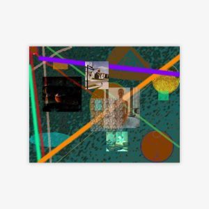 "Untitled" painting by artist Mike Martin featuring colorful geometric shapes and several images including one of a dancer all against a grey blue, patterned background.