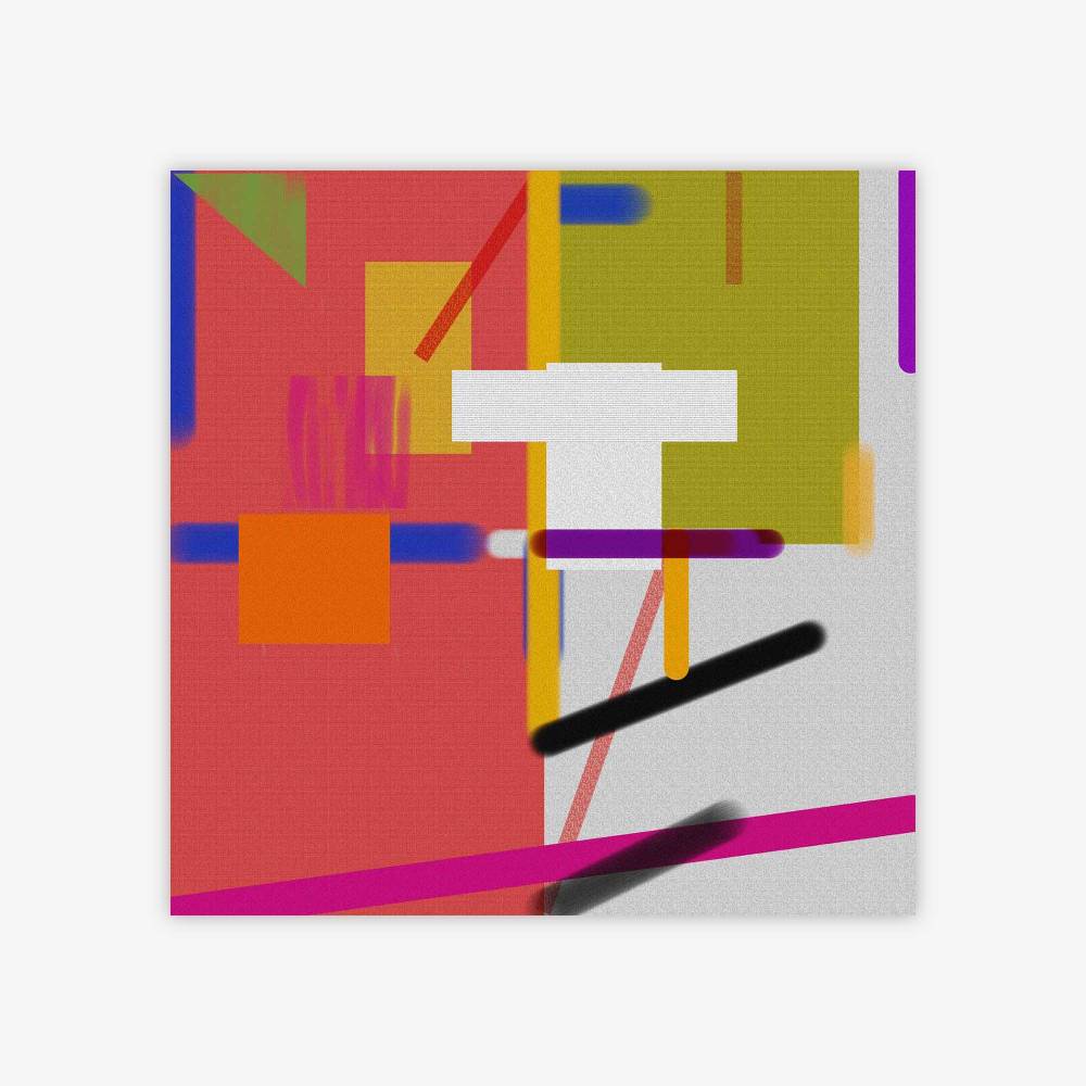 Abstract "Untitled" painting by artist Mike Martin featuring a geometric design in shades of red, purple, green, blue, yellow, orange, and black.