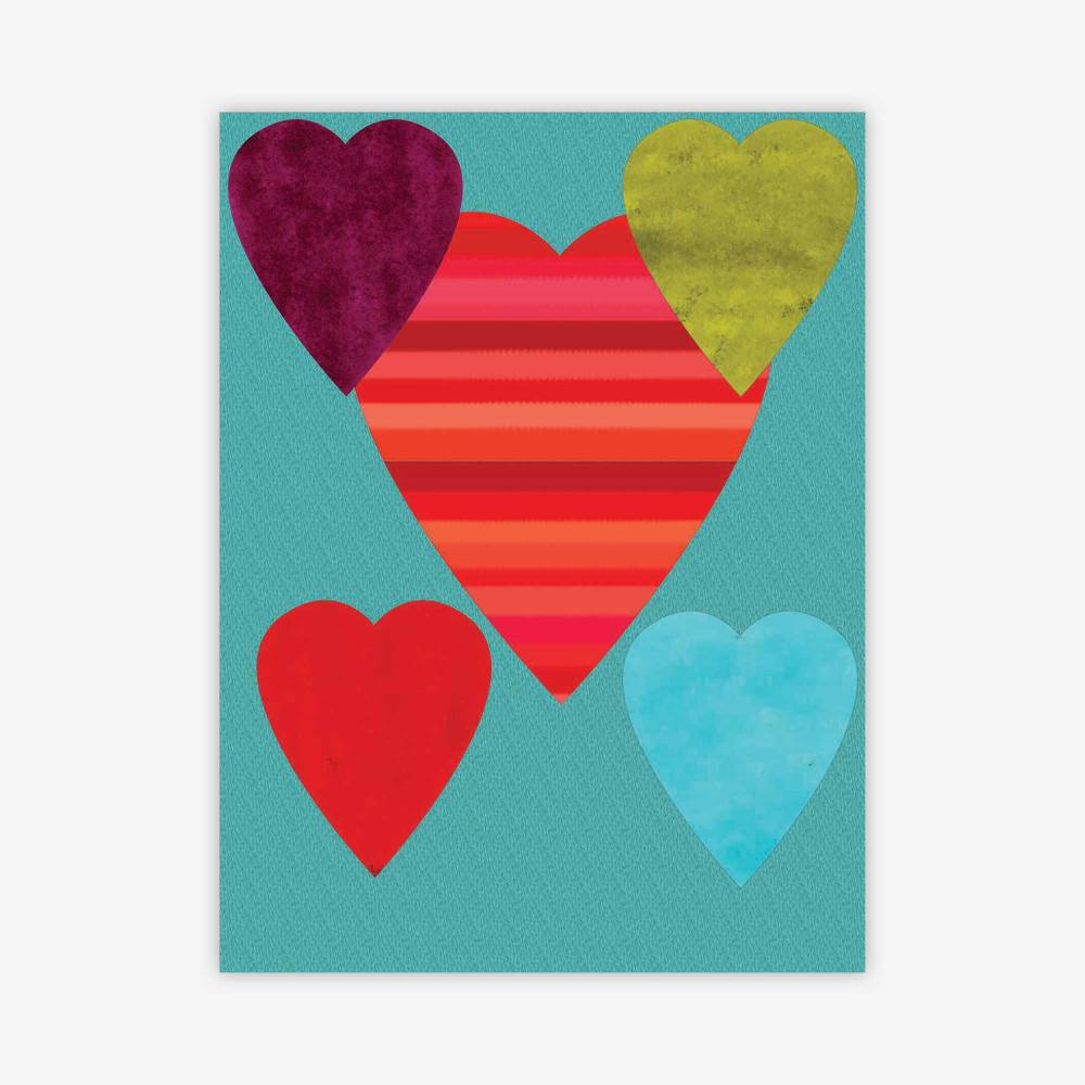 "Untitled" Painting by artist Misty Hockenbury featuring heart shapes in shades of purple, green, red, pink, and blue on a blue background.