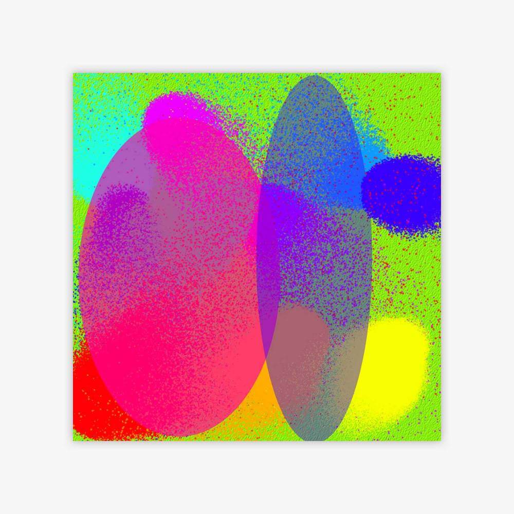 Abstract "Untitled" painting by artist Misty Hockenbury with colorful oval shapes in bright shades of pink, blue, red, yellow and green.