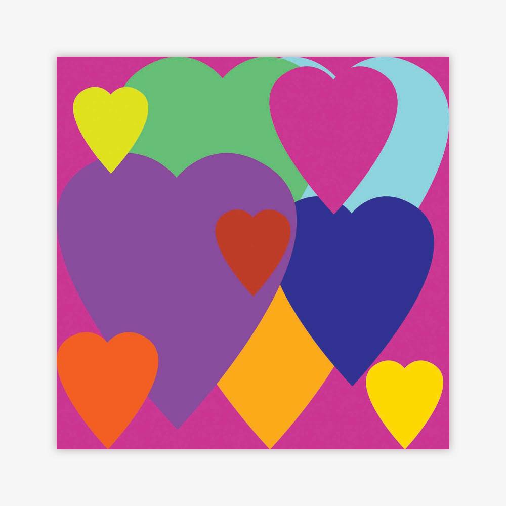 "Untitled" painting by artist Misty Hockenbury featuring hearts in shades of purple, pink, green, yellow, orange and blue.