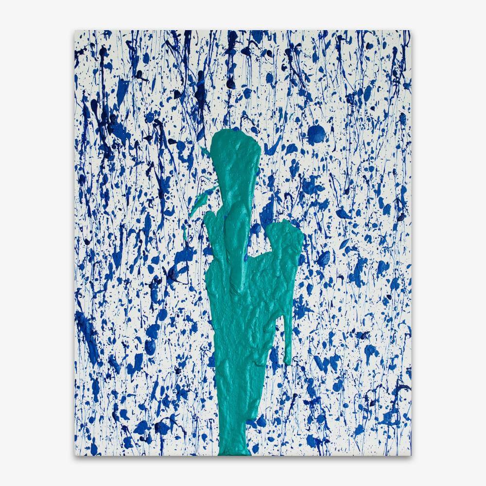 "Untitled" painting by artist Nancy Soto with blue and green splatter paint design on a white background.
