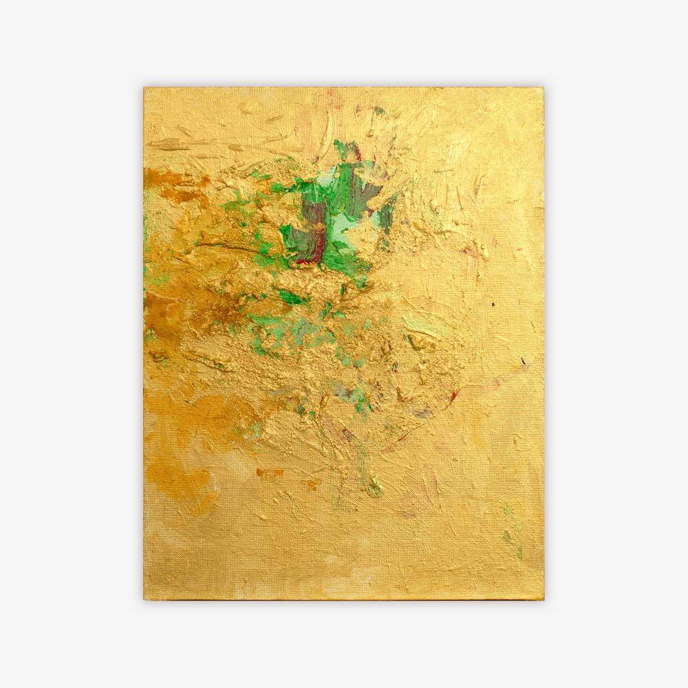 "Untitled" abstract painting by artist Natalie Tomastyk with green and sienna pattern with texture on a metallic gold background.