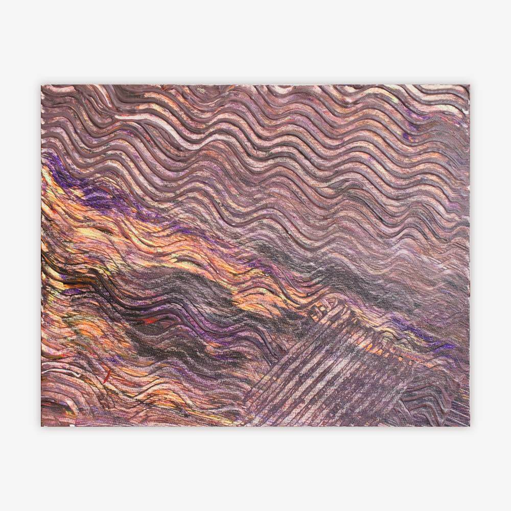 Abstract "Untitled" painting by artist Natalie Tomastyk with undulating pattern in shades of purple, orange, black, and white.