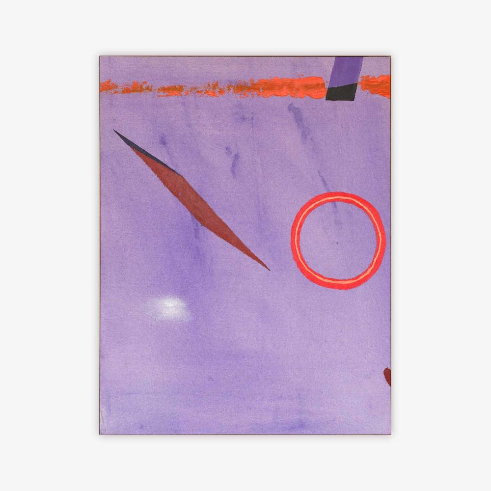 Abstract "Untitled" painting by artist Peter Nichols with orange and purple shapes on a lighter purple background.