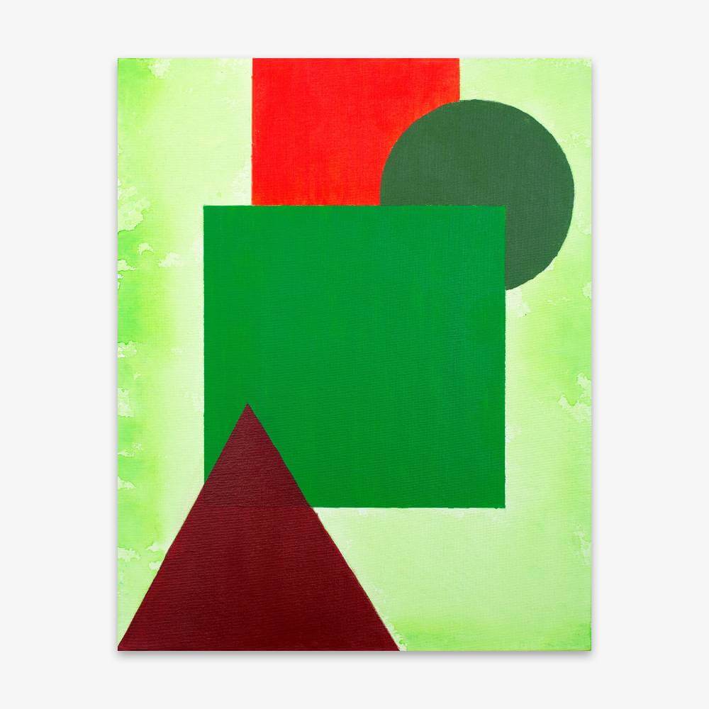 "Untitled" abstract painting by artist Philip Fisher with large geometric shapes in shades of green and red on a lighter green background.