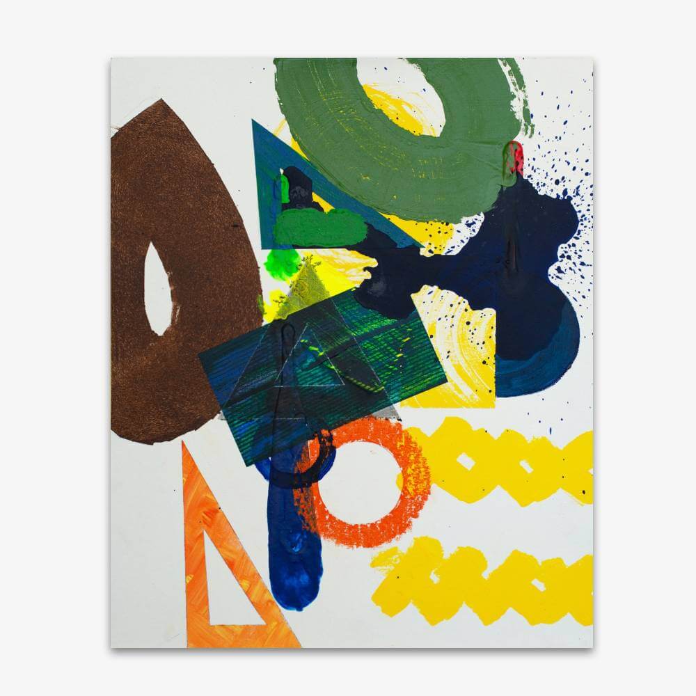 "Untitled" painting by artist Qing Tao Yu with bold overlapping shapes in shades of green, blue, yellow, orange, and brown with some texture and a touch of splatter paint on a white background.
